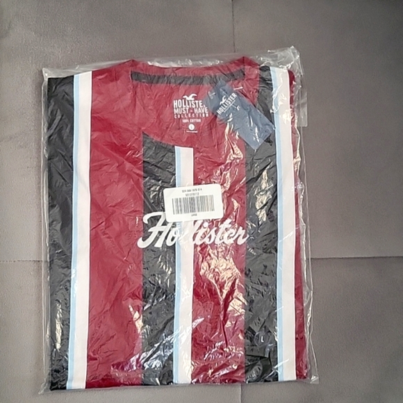 🆕️Hollister Vertical Stripe Embroidered Graphic Tee. Burgundy Stripe Size L - Picture 1 of 4